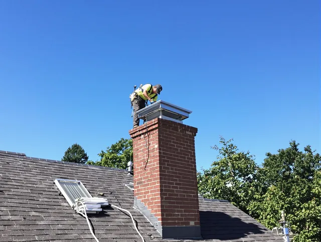 North Smithfield Chimney Sweep technician measuring a chimney cap in North Smithfield, RI