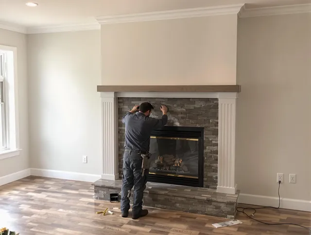 North Smithfield Chimney Sweep finishing a custom fireplace install in North Smithfield, RI